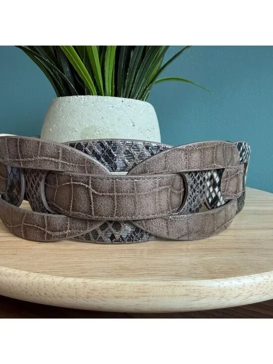 Chicos Belt M Brown Croc Embossed Faux Leather Belt With Snake Print Accents - Picture 6 of 16